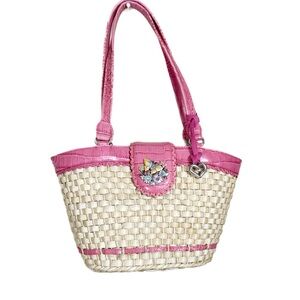 Vintage Brighton Straw Handbag Pink Leather Trim Enamel Butterflies Cottagecore